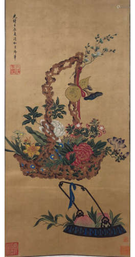A Chinese Flowers Painting Silk Scroll, Empress Dowager Cixi...