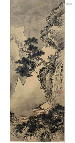A Chinese Landscape Painting Silk Scroll, Pu Ru Mark