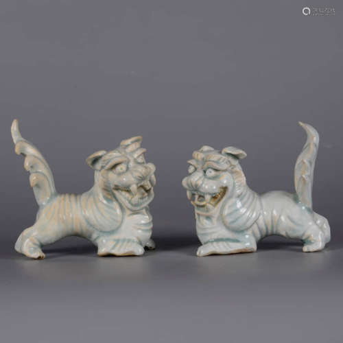 A Pair of Shadow Blue Glaze Porcelain Lion Ornaments