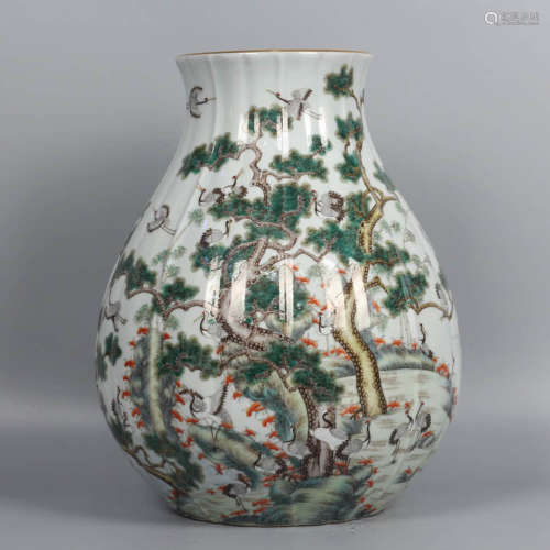 A Famille Rose Pine&crane Pattern Porcelain Melon-shaped Zun
