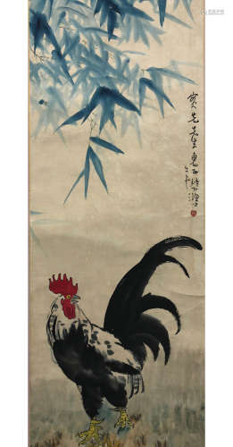 A Chinese Rooster Painting Scroll, Xu Beihong Mark