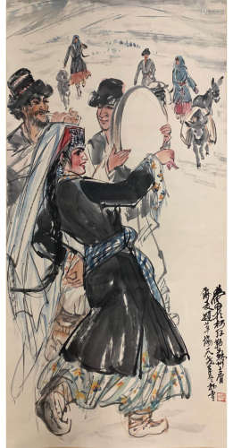 A Chinese Dance Painting Scroll, Huang Zhou Mark