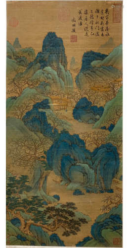 A Chinese Landscape Painting Silk Scroll, Qiu Ying Mark