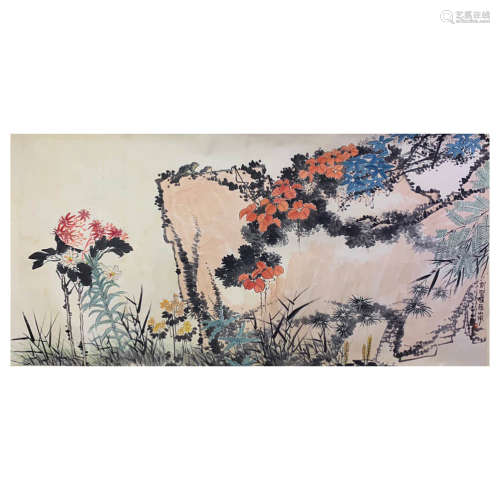 A Chinese Flowers Painting Scroll, Pan Tianshou Mark