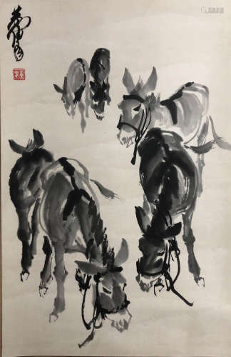 A Chinese Donkeys Painting Scroll, Huang Zhou Mark