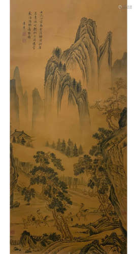 A Chinese Landscape Painting Silk Scroll, Tang Yin Mark
