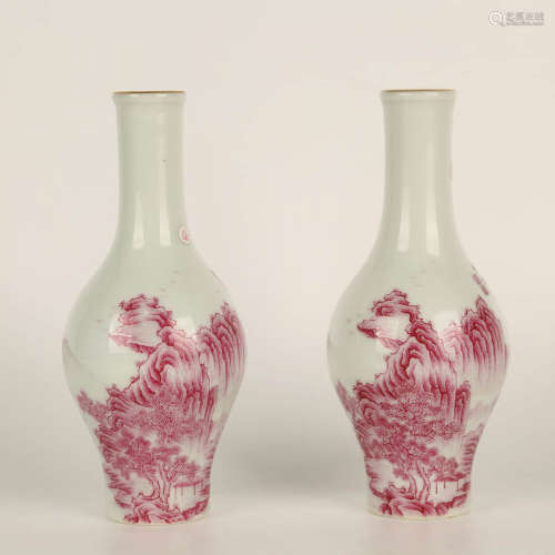 A Pair of Ruby Red Landscape Pattern Porcelain Vase