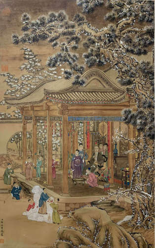 A Chinese Landscape&Figures Painting Scroll, Lang Shining Ma...