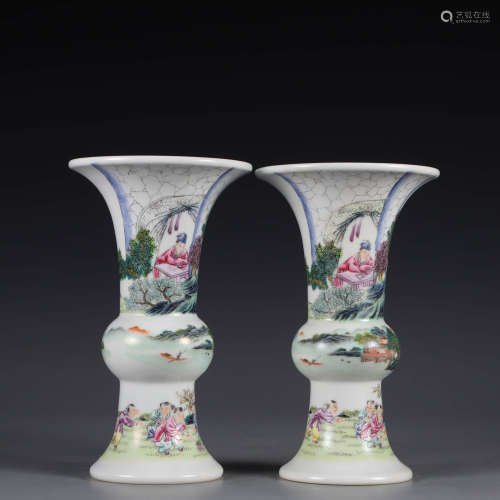 A Pair of Famille Rose Figures Porcelain Beaker Vase