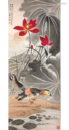 A Chinese Lotus&birds Painting Scroll, Zhang Daqian Mark
