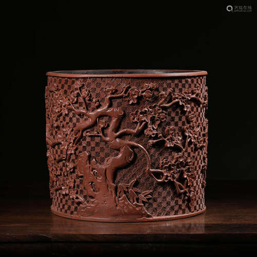 A Plum Blossom Carved Red Lacquerwork Round Brush Pot