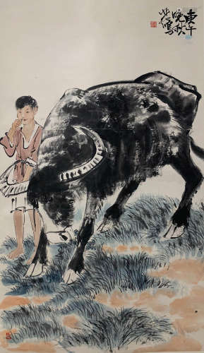 A Chinese Figure&Ox Painting Scroll, Xu Beihong Mark