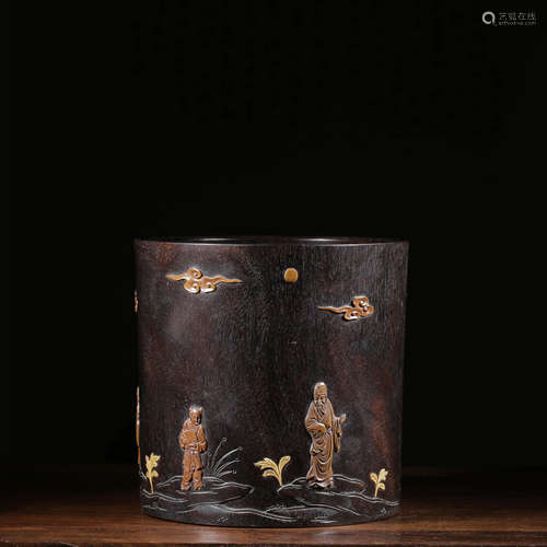 A Bamboo Inlaid Lobular Red Sandalwood Carved Figures Patter...