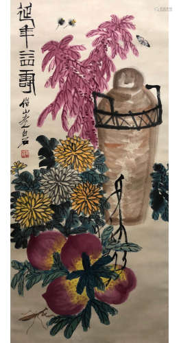 A Chinese Flowers&peach Painting Scroll, Qi Baishi Mark
