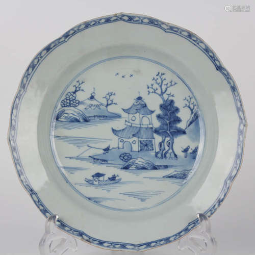 A Blue and White Landscape Pattern Porcelain Lotus-shaped Pl...