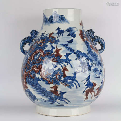 A Blue and White Underglazed Red Deer Pattern Porcelain Doub...