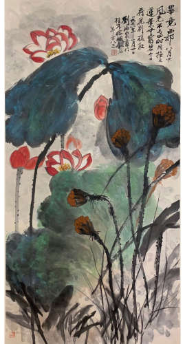 A Chinese Lotus Painting Scroll, Liu Haisu Mark
