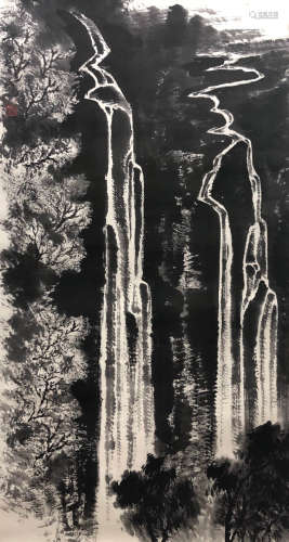 A Chinese Falls Painting Scroll, Li Keran Mark