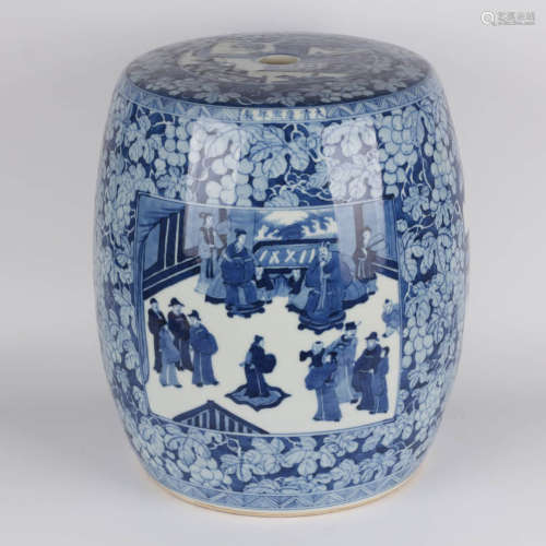 A Blue and White Floral&Figures Pattern Porcelain Stool