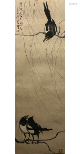 A Chinese Magpies Painting Scroll, Xu Beihong Mark