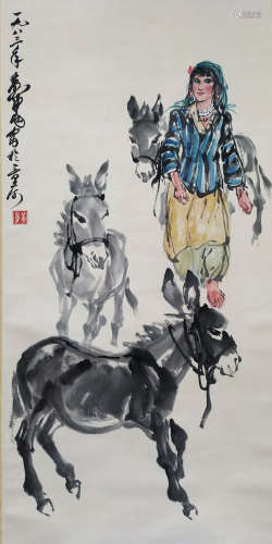 A Chinese Figure&Donkeys Painting Scroll, Huang Zhou Mark