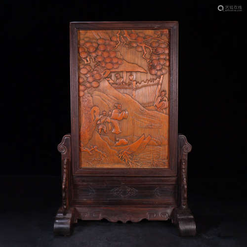 A Figures Carved Bamboo Table Screen
