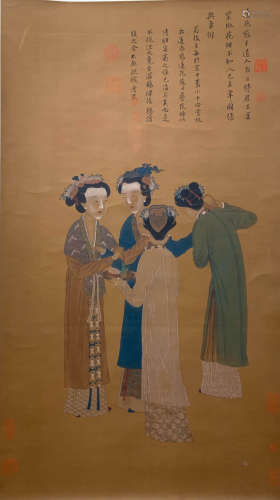 A Chinese Figures Painting Silk Scroll, Tang Yin Mark