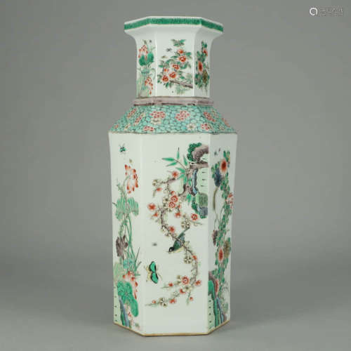 A Gucai Floral Porcelain Hexagon Vase
