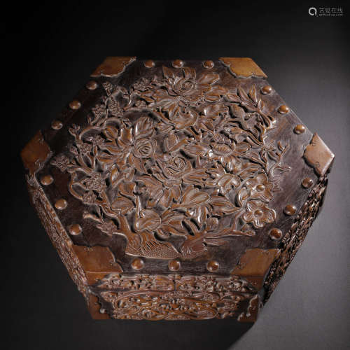 A Plum Blossom Pattern Boxwood Carved Rosewood Hexagon Box