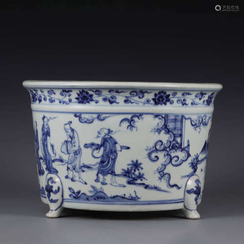 A Blue and White Figures Porcelain Three-legged Bowl