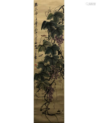 A Chinese Vine Painting Scroll, Qi Baishi Mark