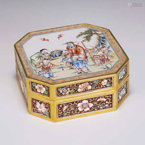 PAINTED ENAMEL FIGURATIVE LIDDED BOX