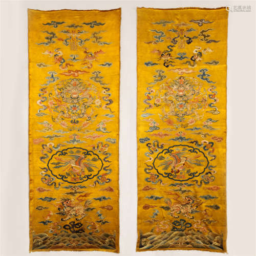 PAIR OF CHINESE YELLOW GROUND EMBROIDERY DRAGON