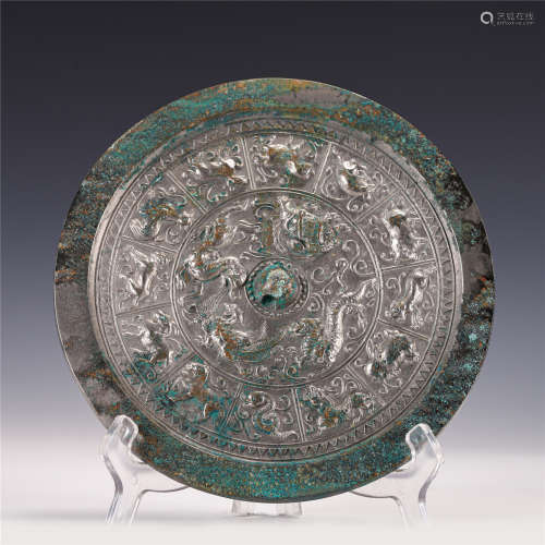 BRONZE ROUND MIRROR WITH TWELVE ZODIAC