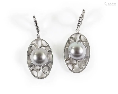 A Pair of Pearl & Diamond Earrings.