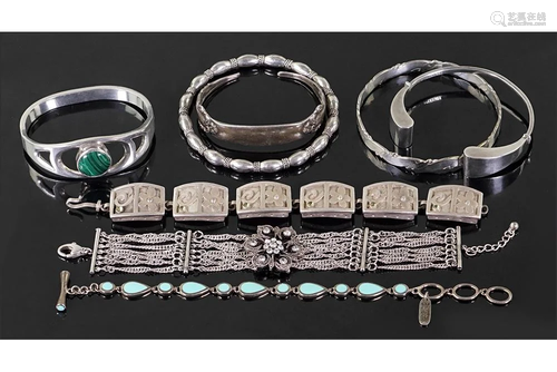 A Collection of Sterling Silver Bracelets.