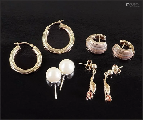 Three Pairs of 14 Karat Gold Earrings.