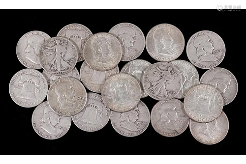 Twenty Franklin Silver Half Dollars and two Walking