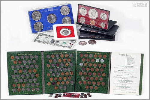 Five Morgan Silver Dollars and Various Coinage.