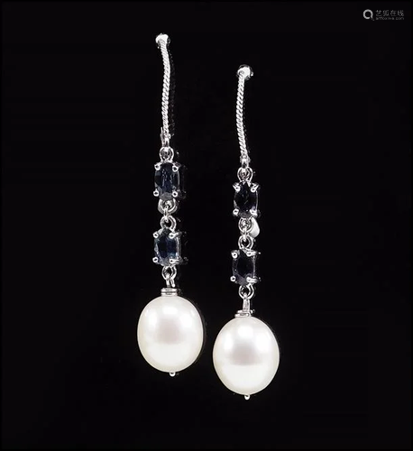 A Pair of Pearl & Sapphire Earrings.