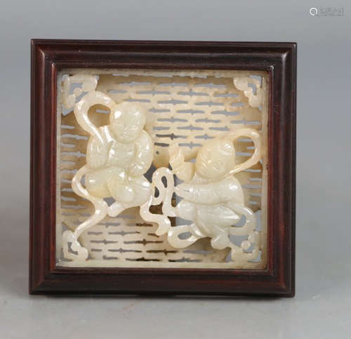 ZITAN WITH HETIAN JADE FIGURE PATTERN PENDANT