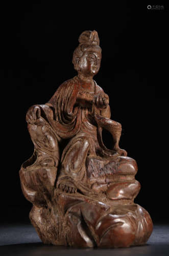 BAMBOO CARVED GUANYIN STATUE
