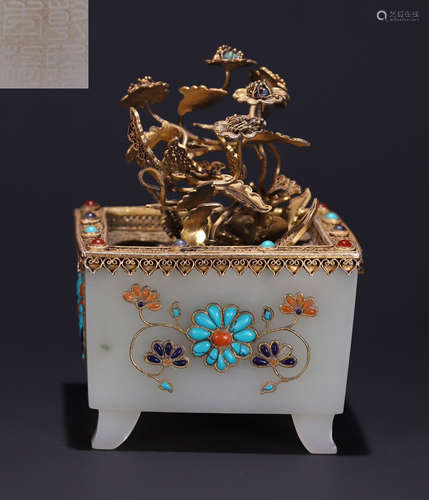 HETIAN JADE WITH GILT SILVER FILIGREE CENSER