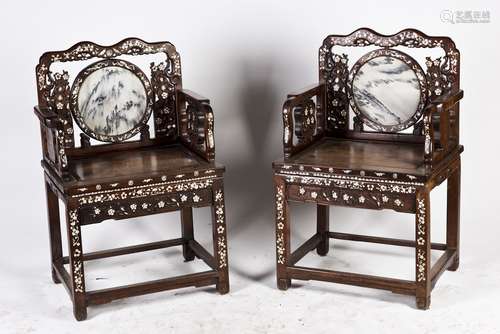 MARBLE INLAID CHINESE HONGMU CHAIRS PAIR (Y)