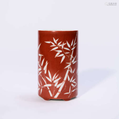 An Iron Red Bamboo Pattern Porcelain Brush Pot