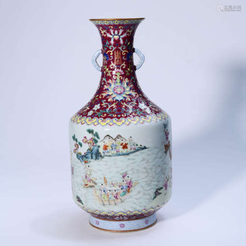 A Famille Rose Figures Porcelain Double-eared Vase