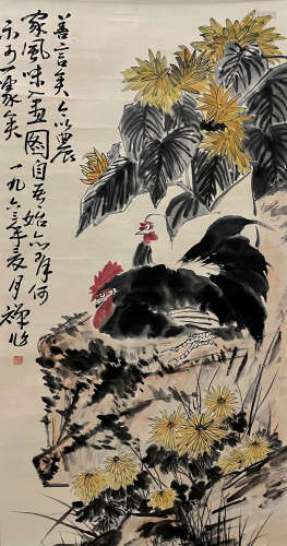A Chinese Roosters Painting, Li Kuchan Mark