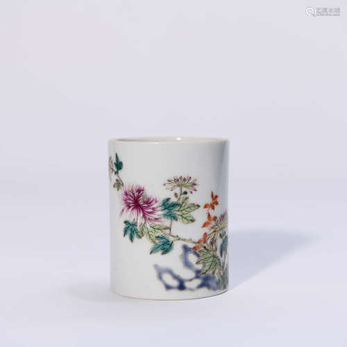 A Famille Rose Floral Porcelain Inscribed Brush Pot