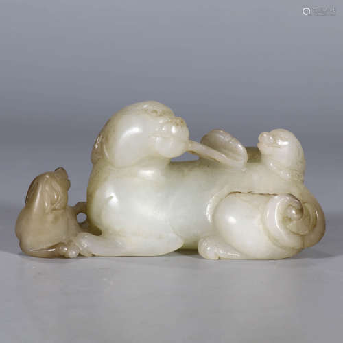 A White Hetian Jade Carved Child-mother Beast Ornament