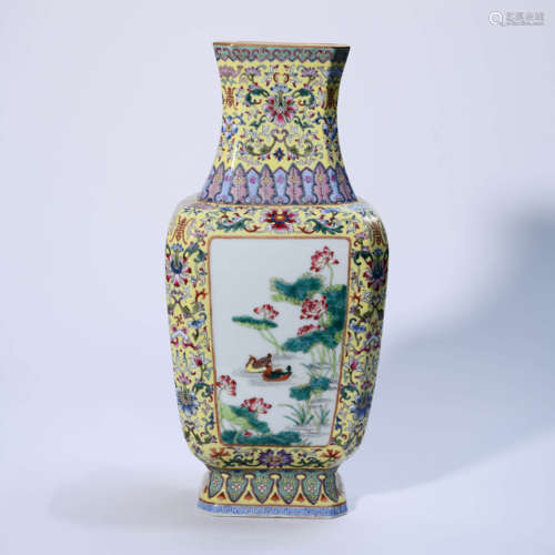 A Famille Rose Floral Porcelain Inscribed Square Vase